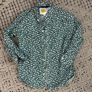 Boden White Button Down Shirt with Green Car Print Boys Sz 6-7